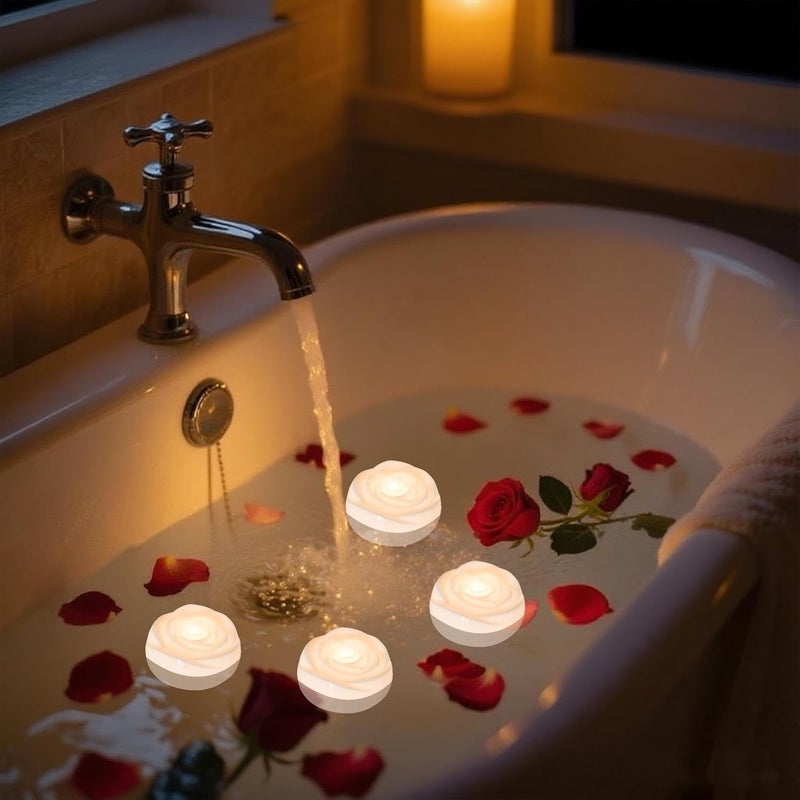 Aignis 24pcs Flameless LED Floating Candles, White Rose Plastic Tealight Battery Operated, 120+ Hours Glow Time, Cozy Light for Romantic Pool/Bathtub/Hot Bath/Wedding Centerpiece Decor(D2.83*H1.42) - Image 5